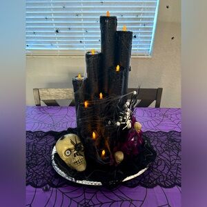 Halloween Candle Centerpiece Spider Skull snakes Purple Flowers